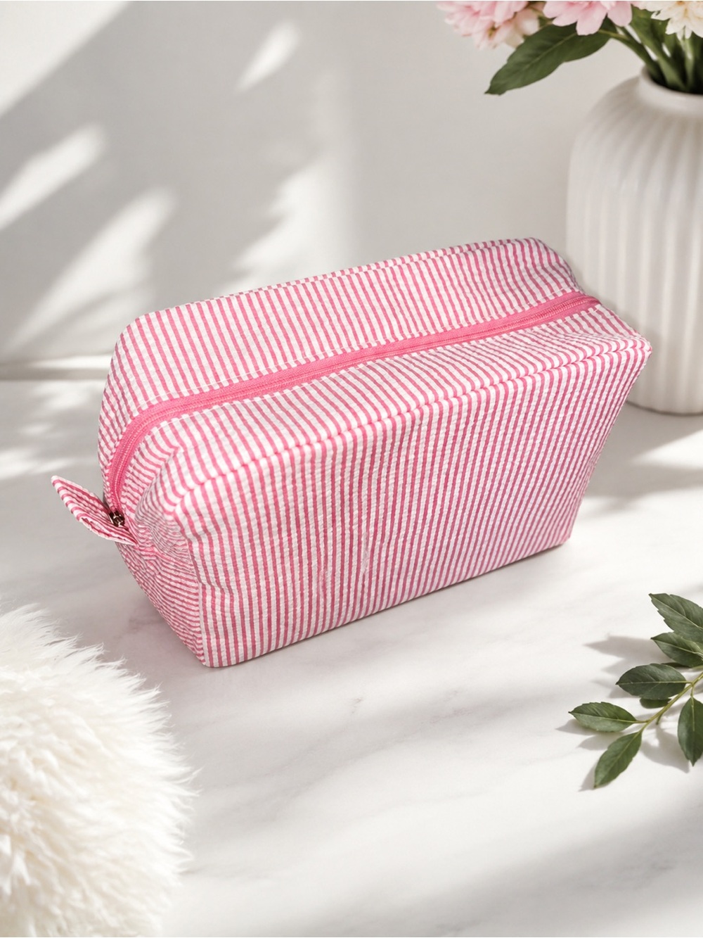 Pink White Cosmetic Bag Makeup Toiletry Pouch Zipper Travel Organizer
